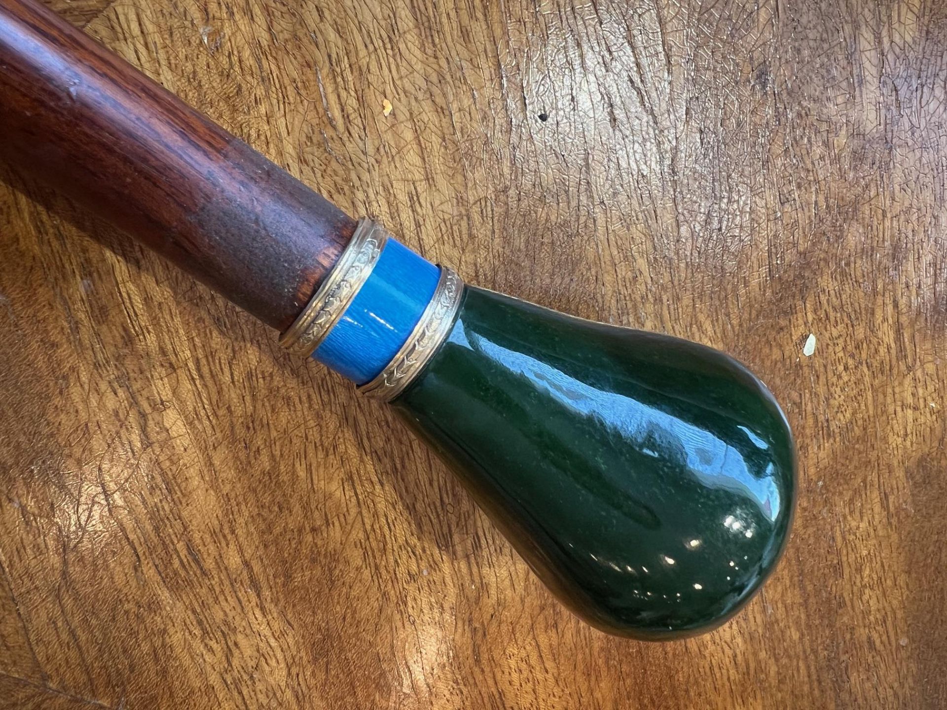 A FABERGE STYLE SILVER GILT, NEPHRITE JADE AND ENAMEL WALKING CANE - Image 8 of 8