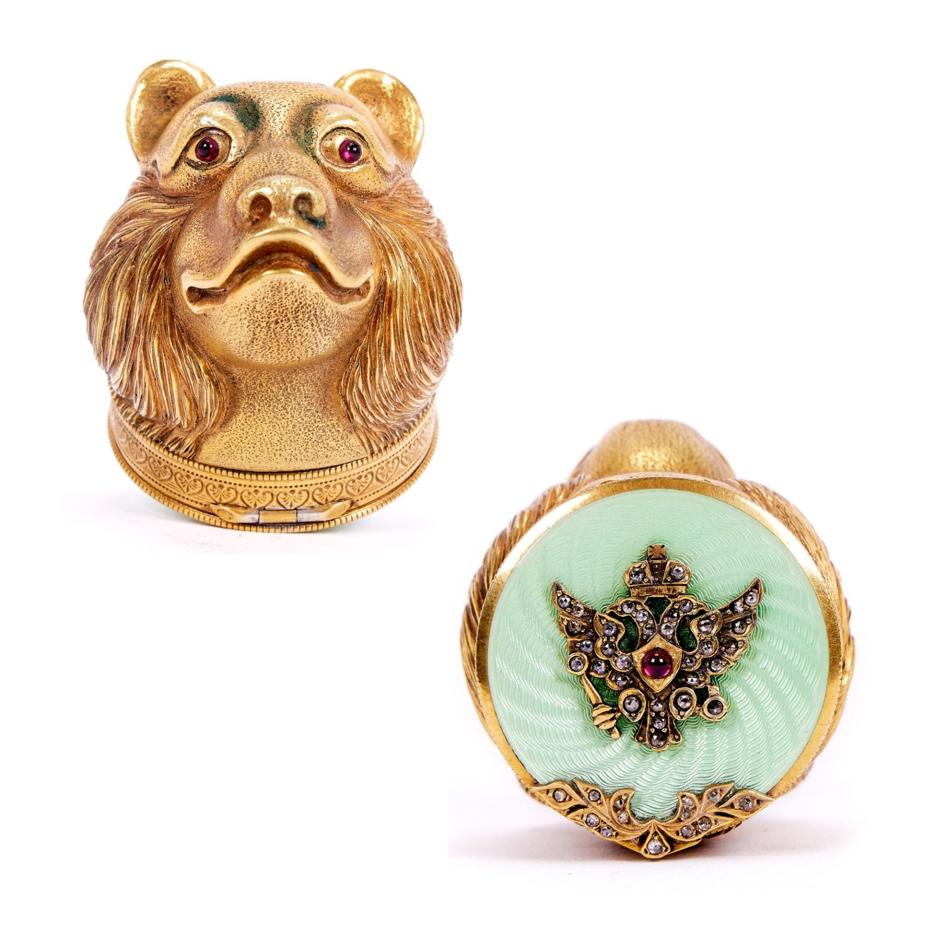 A FABERGE STYLE SILVER GILT, DIAMOND AND ENAMEL MOUNTED BOX MODELLED AS A BEAR