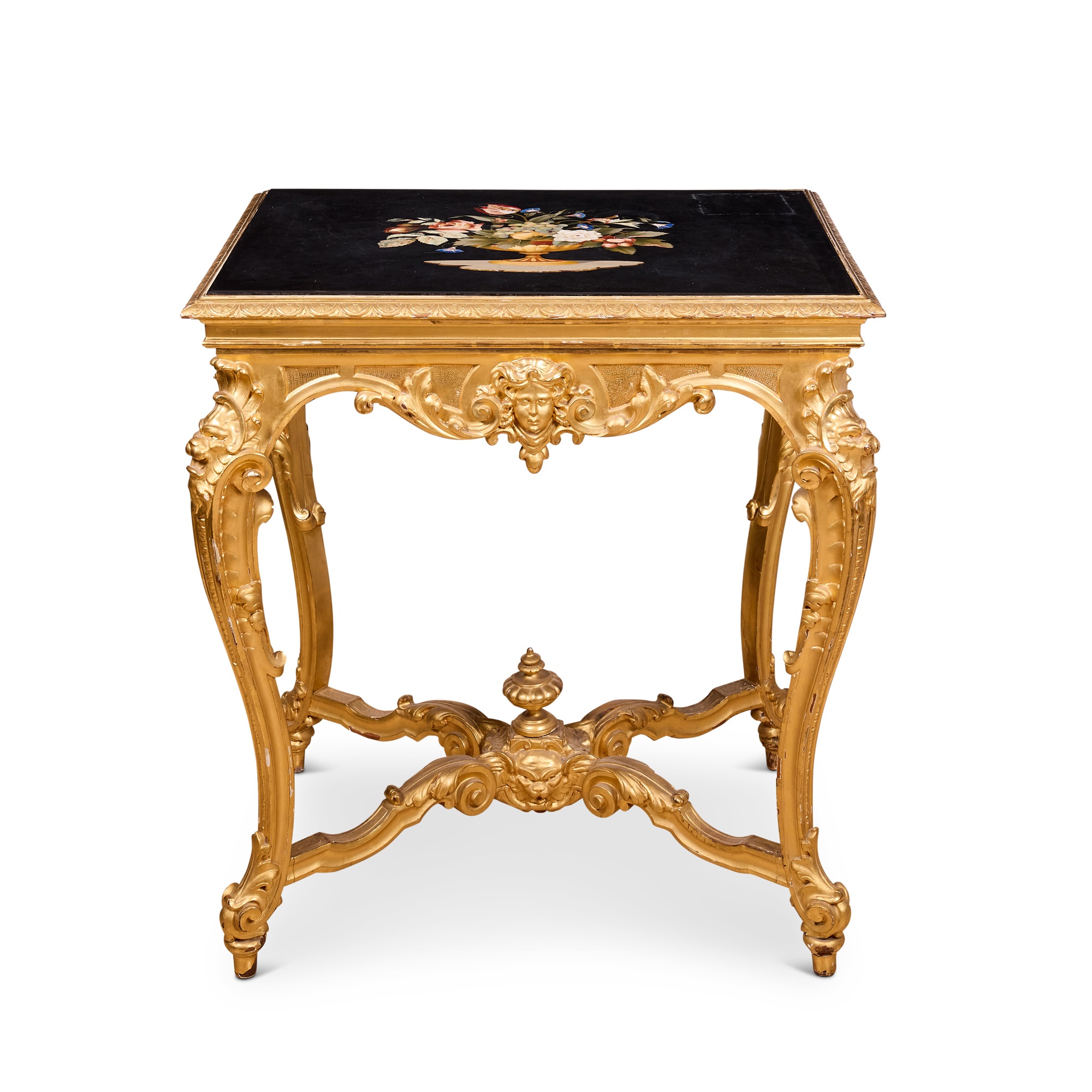 A FINE 19TH CENTURY ITALIAN PIETRE DURE AND GILTWOOD CENTRE TABLE