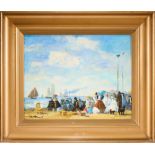 A FRENCH IMPRESSIONIST STYLE PAINTING OF A BEACH SCENE