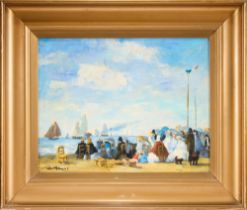 A FRENCH IMPRESSIONIST STYLE PAINTING OF A BEACH SCENE
