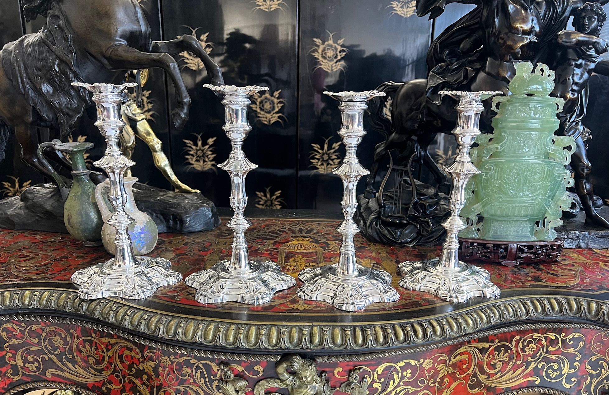 A SET OF FOUR GEORGIAN MID 18TH CENTURY SILVER CANDLESTICKS, C.1756 - Image 3 of 7