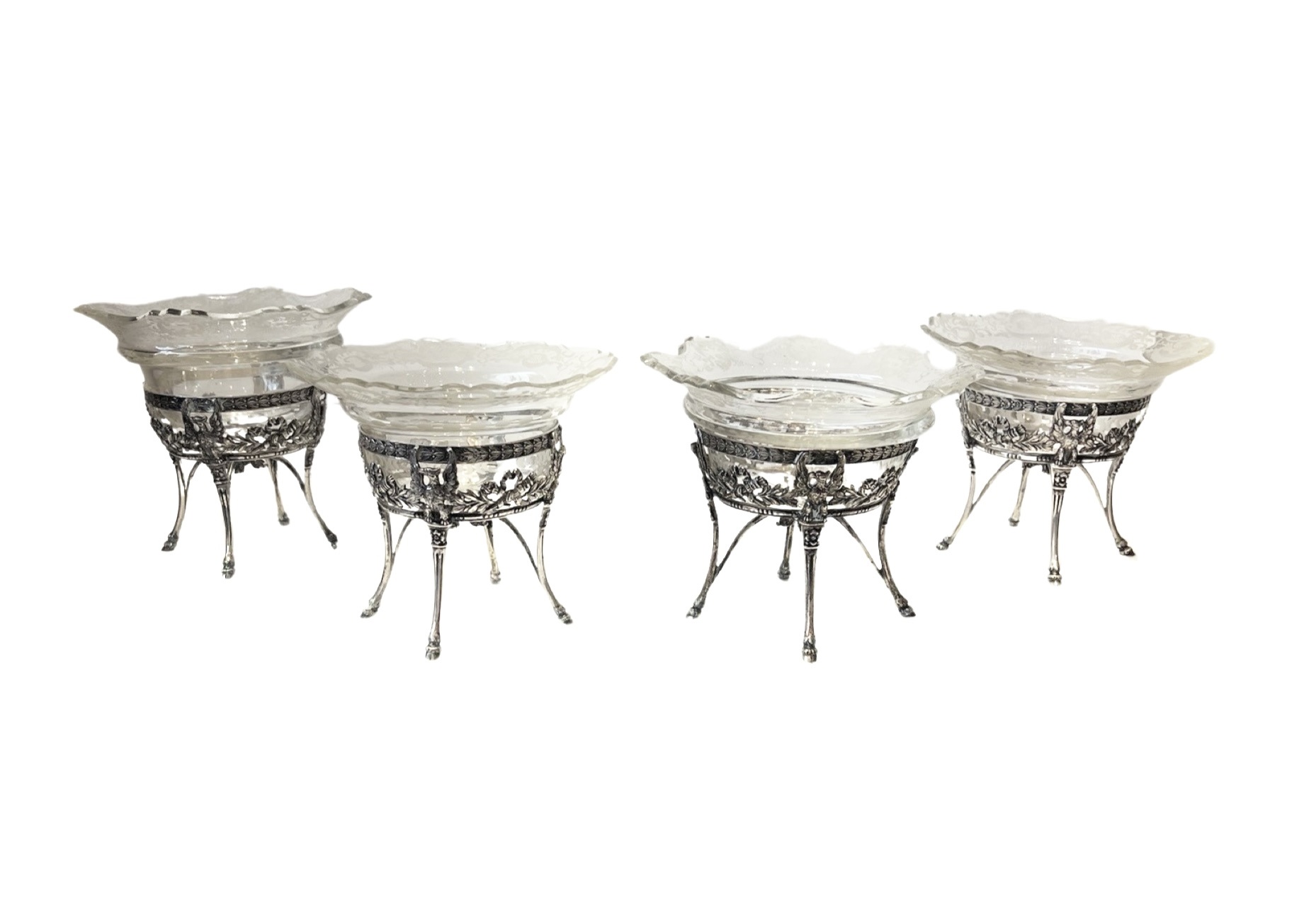 A SET OF FOUR SILVER AND CUT GLASS SWEETMEAT BASKETS, POSSIBLY GERMAN, C. 1860