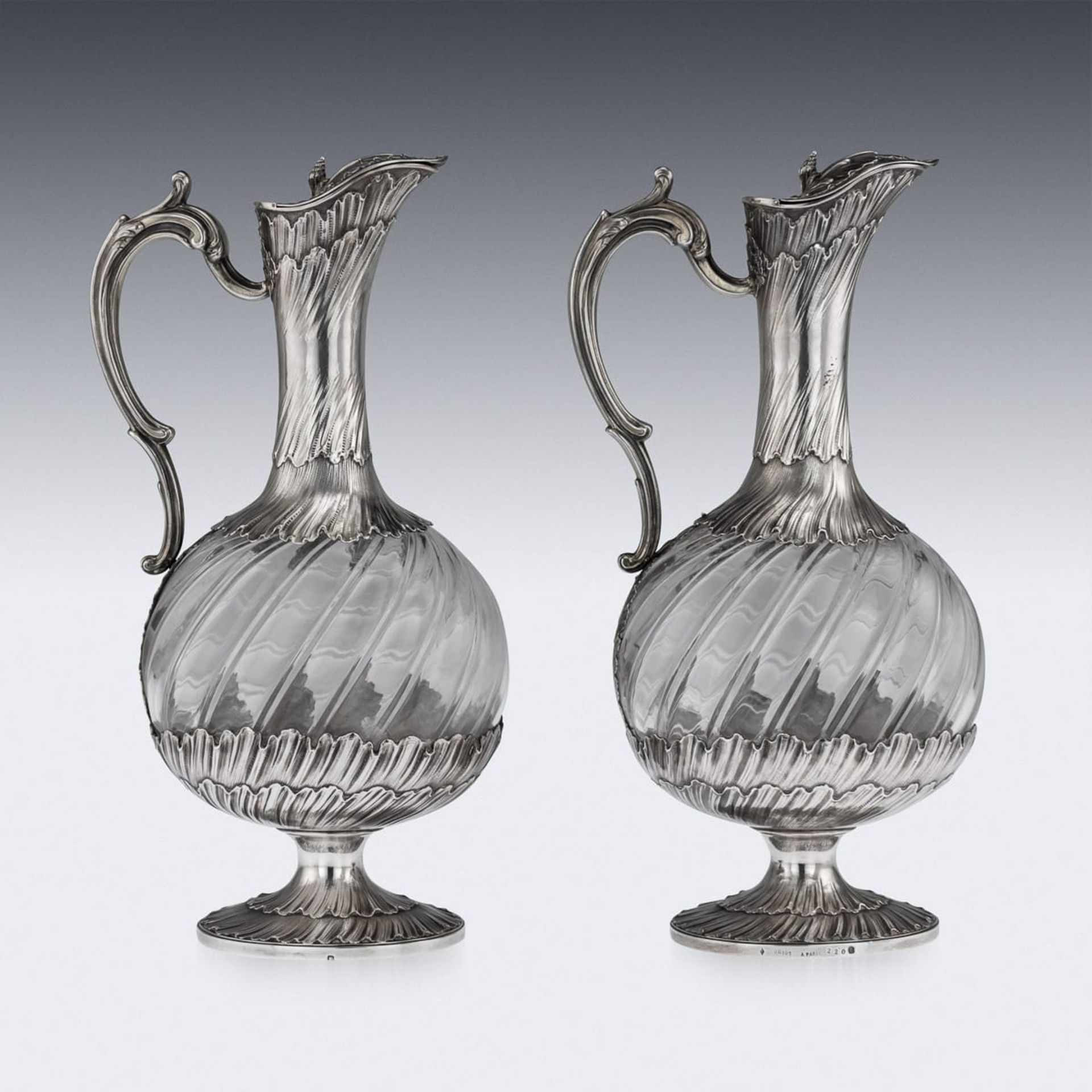 MAISON ODIOT: A PAIR OF 19TH CENTURY SILVER AND GLASS CLARET JUGS CIRCA 1890 - Image 11 of 16