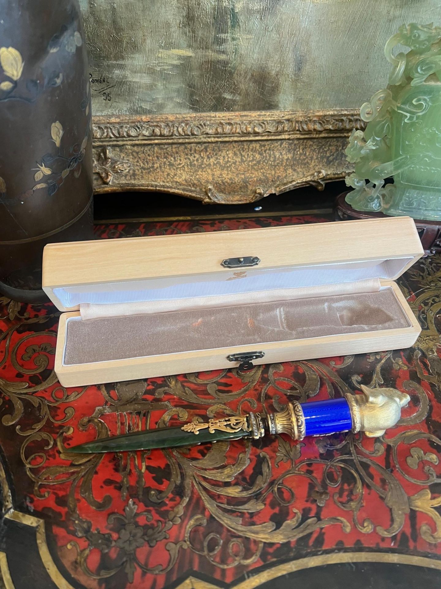 A FABERGE STYLE SILVER GILT, DIAMOND SET, NEPHRITE AND ENAMELLED LETTER KNIFE - Image 6 of 6