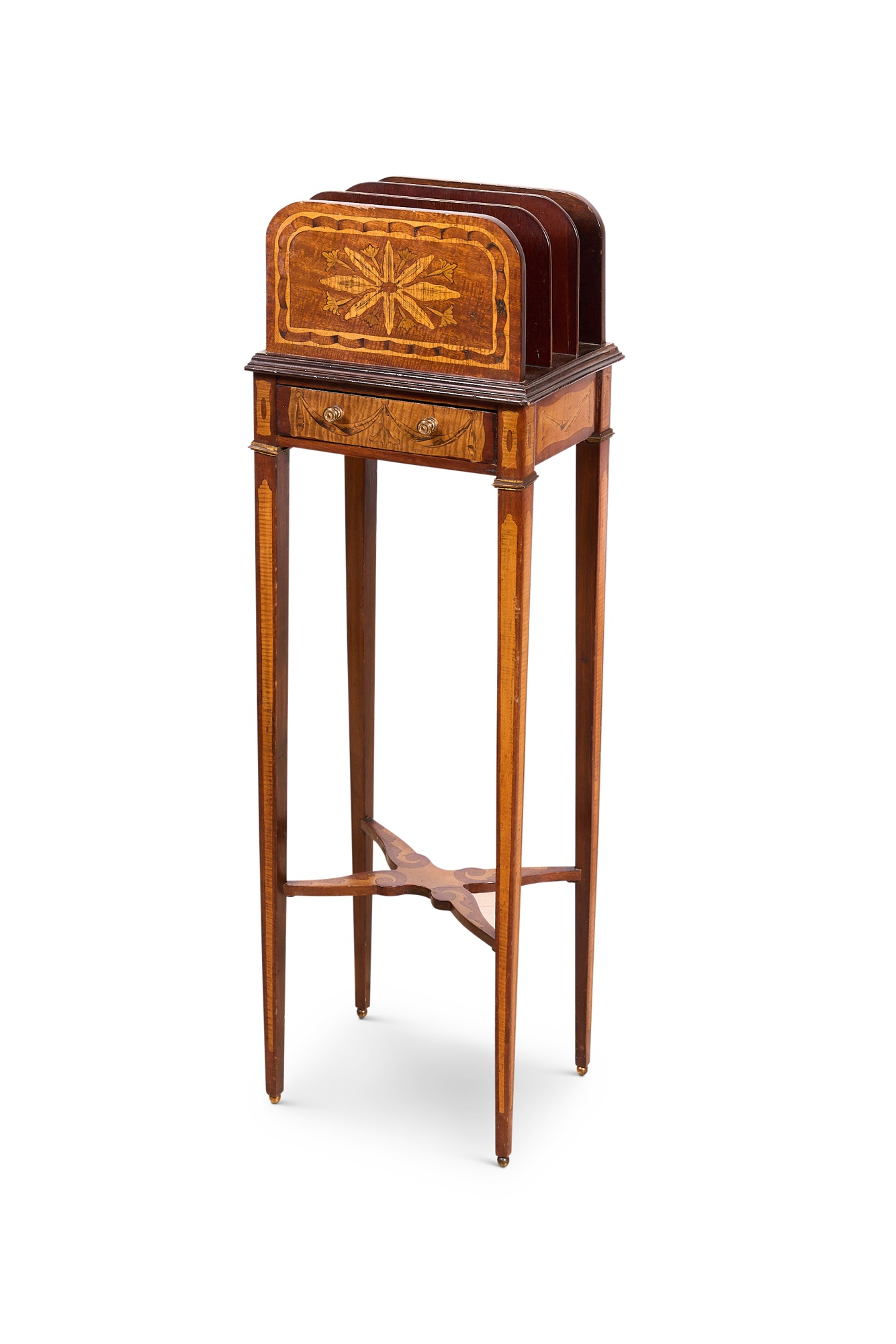 A LATE 19TH CENTURY SHERATON REVIVAL MARQUETRY LETTER HOLDER