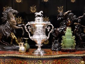 A MID 19TH CENTURY STERLING SILVER HORSE RACING TROPHY CUP AND COVER, C. 1846