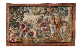 AN 18TH CENTURY FLEMISH TAPESTRY DEPICTING FROLICKING CHILDREN