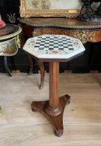 A 19TH CENTURY MANOGANY TABLE WITH LATER PIETRE DURE GAMING BOARD TOP