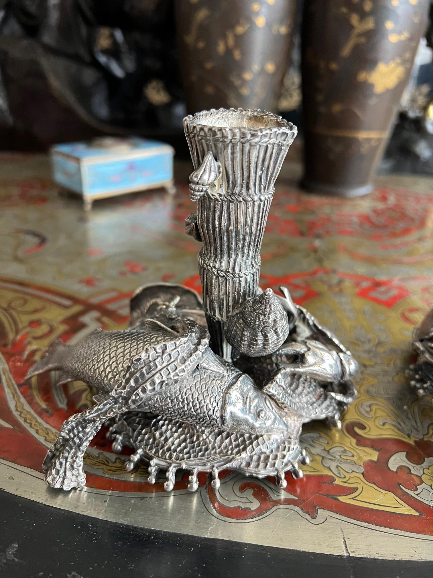 A PAIR OF ODIOT SILVER 'FISHERMAN'S CATCH' CANDLESTICKS - Image 2 of 7