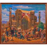 A LARGE ORIENTALIST PAINTING OF THE REGISTAN PLAZE IN SAMARKAND