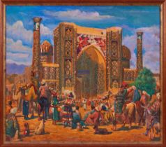 A LARGE ORIENTALIST PAINTING OF THE REGISTAN PLAZE IN SAMARKAND