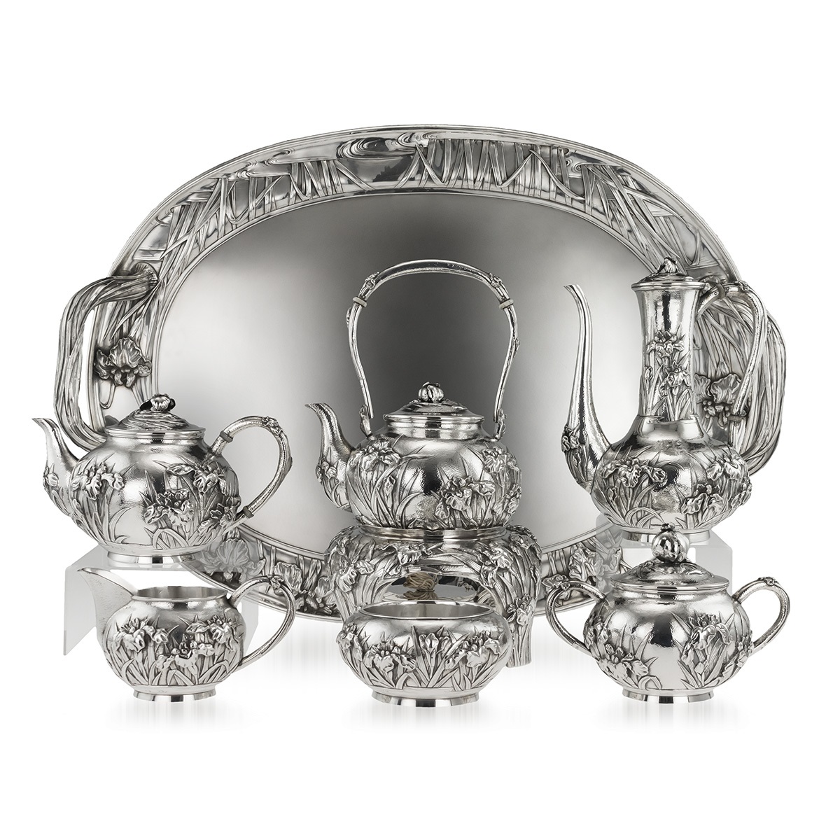 AN EXCEPTIONAL EARLY 20TH CENTURY JAPANESE SILVER TEA & COFFEE SERVICE ON TRAY C. 1900