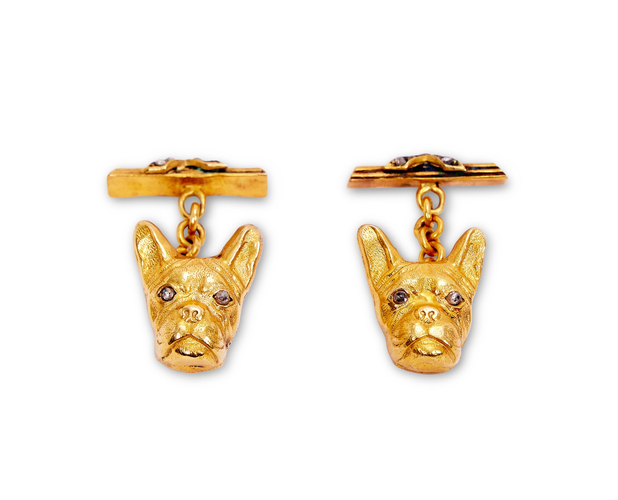 A PAIR OF SILVER GILT AND DIAMOND SET RUSSIAN STYLE CUFFLINKS MODELLED WITH BULLDOGS