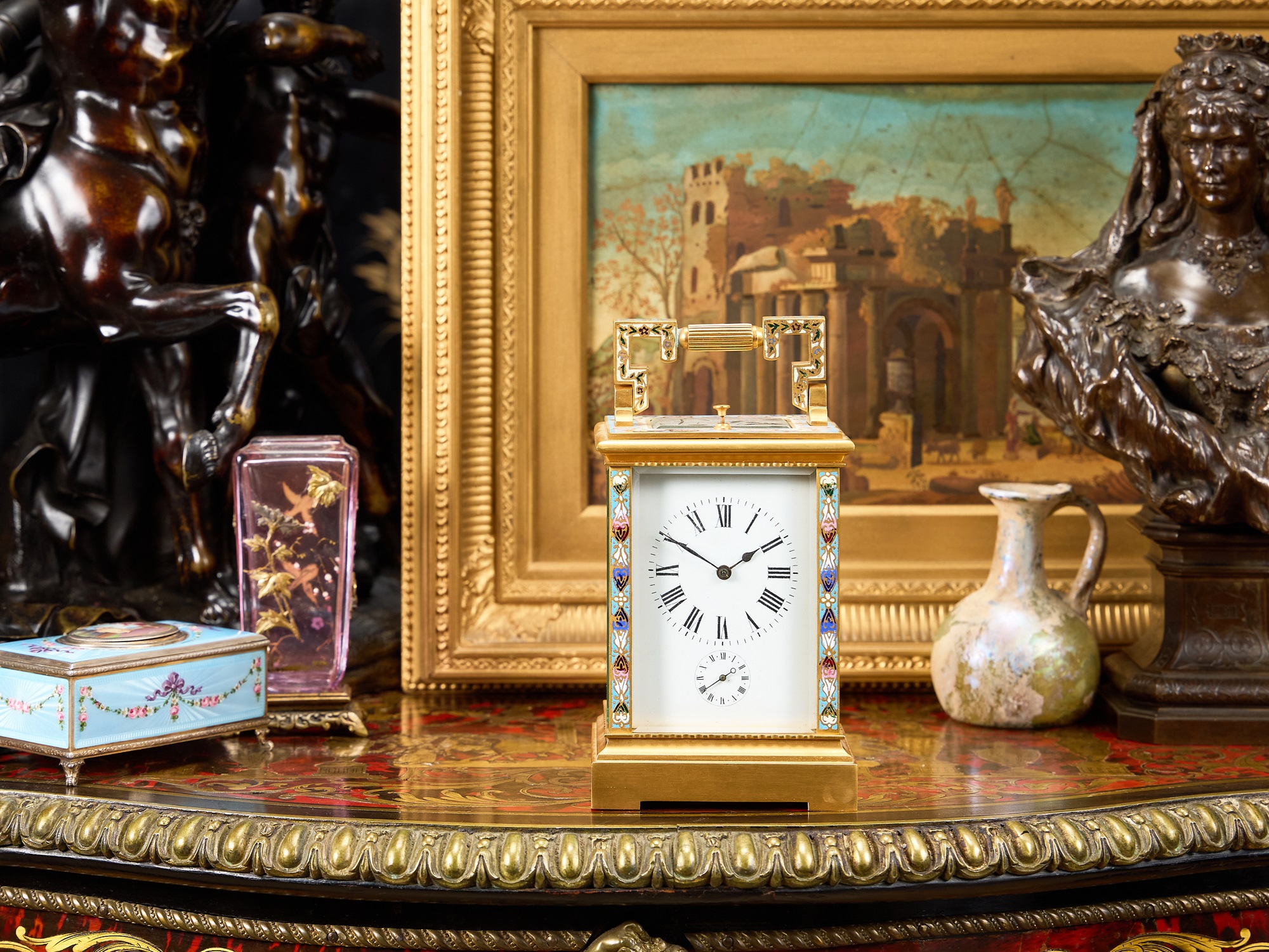 A LATE 19TH CENTURY FRENCH GILT BRASS AND CLOISONNE ENAMEL CARRIAGE CLOCK