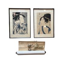 A PAIR OF JAPANESE WOODBLOCKS OF BIJIN AND A JAPANESE SCROLL PAINTING