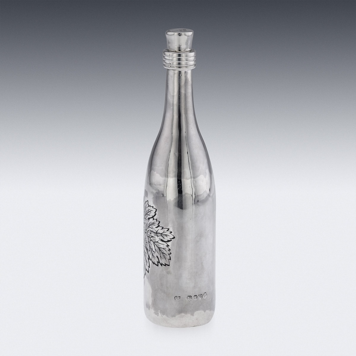 A 19TH CENTURY STERLING SILVER AND ENAMEL COGNAC BOTTLE C. 1887 - Image 6 of 18