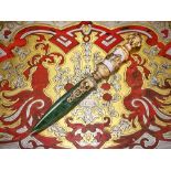 A FABERGE STYLE SILVER GILT, DIAMOND SET, NEPHRITE AND ENAMELLED LETTER KNIFE