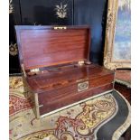 A LARGE 19TH CENTURY MAHOGANY AND BRASS BOUND WRITING SLOPE WITH TOMPSON PATENT