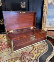 A LARGE 19TH CENTURY MAHOGANY AND BRASS BOUND WRITING SLOPE WITH TOMPSON PATENT