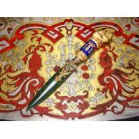 A FABERGE STYLE SILVER GILT, DIAMOND SET, NEPHRITE AND ENAMELLED LETTER KNIFE