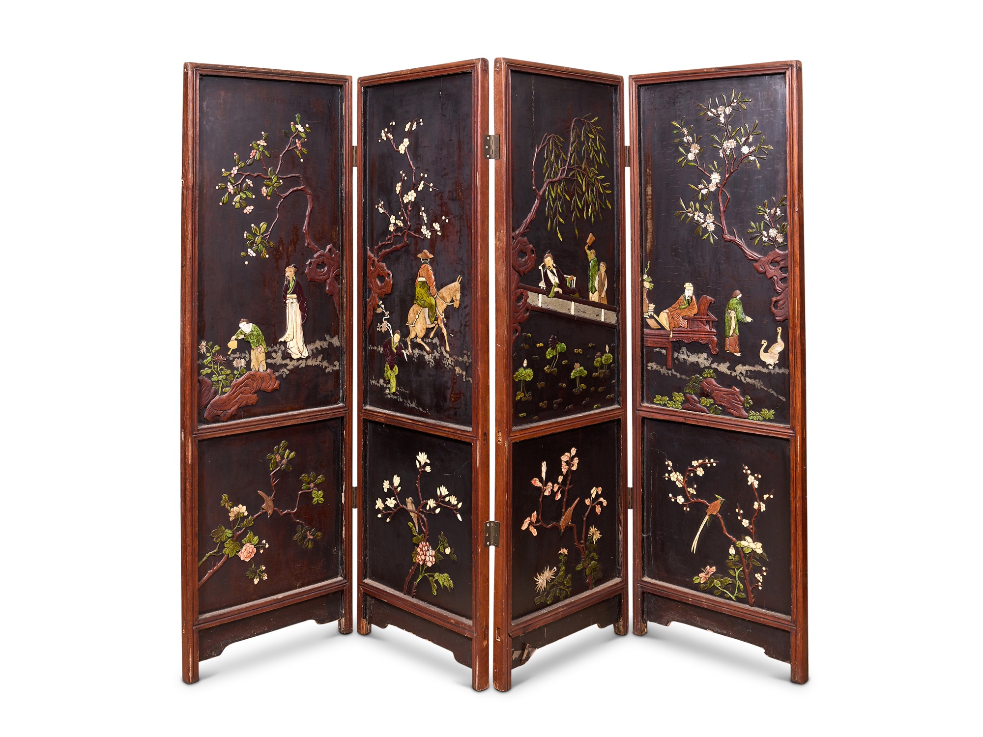 A JAPANESE HARDWOOD, HARDSTONE AND MOTHER OF PEARL MOUNTED FOUR PANEL SCREEN