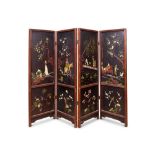 A JAPANESE HARDWOOD, HARDSTONE AND MOTHER OF PEARL MOUNTED FOUR PANEL SCREEN