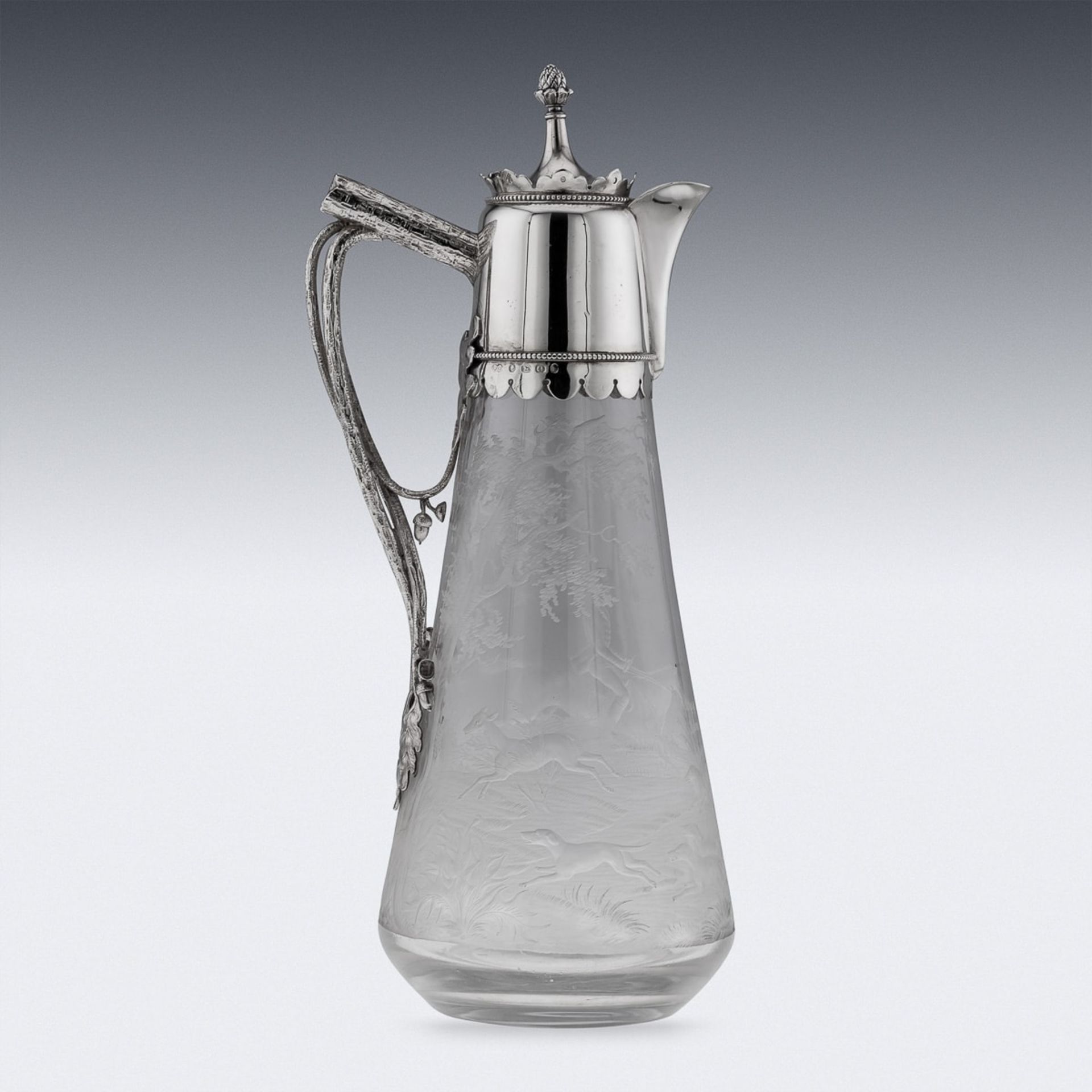 A 19TH CENTURY SILVER AND GLASS HUNTING CLARET JUG C. 1887 - Image 3 of 30