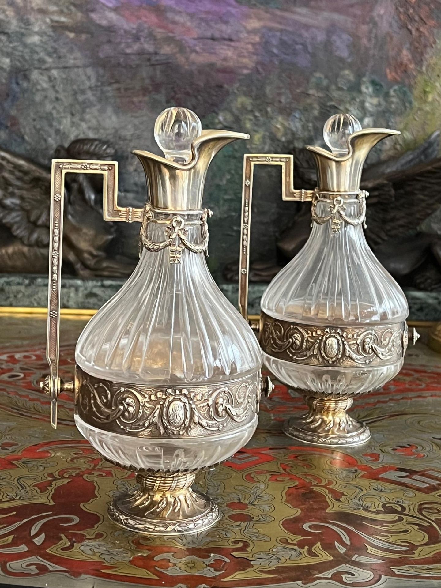 A PAIR OF 19TH CENTURY FRENCH SILVER AND GLASS LIQUOR JUGS - Image 2 of 7