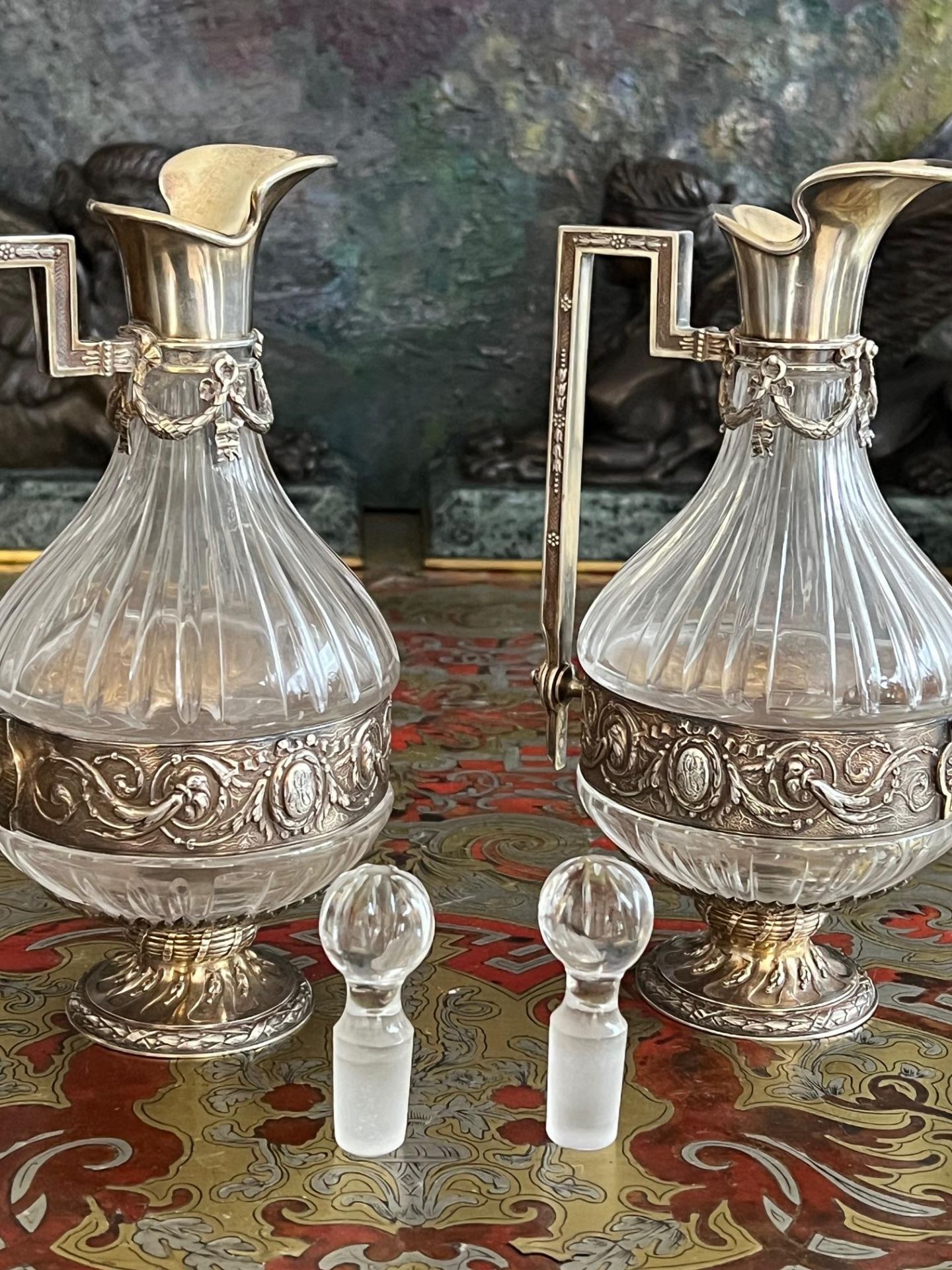 A PAIR OF 19TH CENTURY FRENCH SILVER AND GLASS LIQUOR JUGS - Image 4 of 7