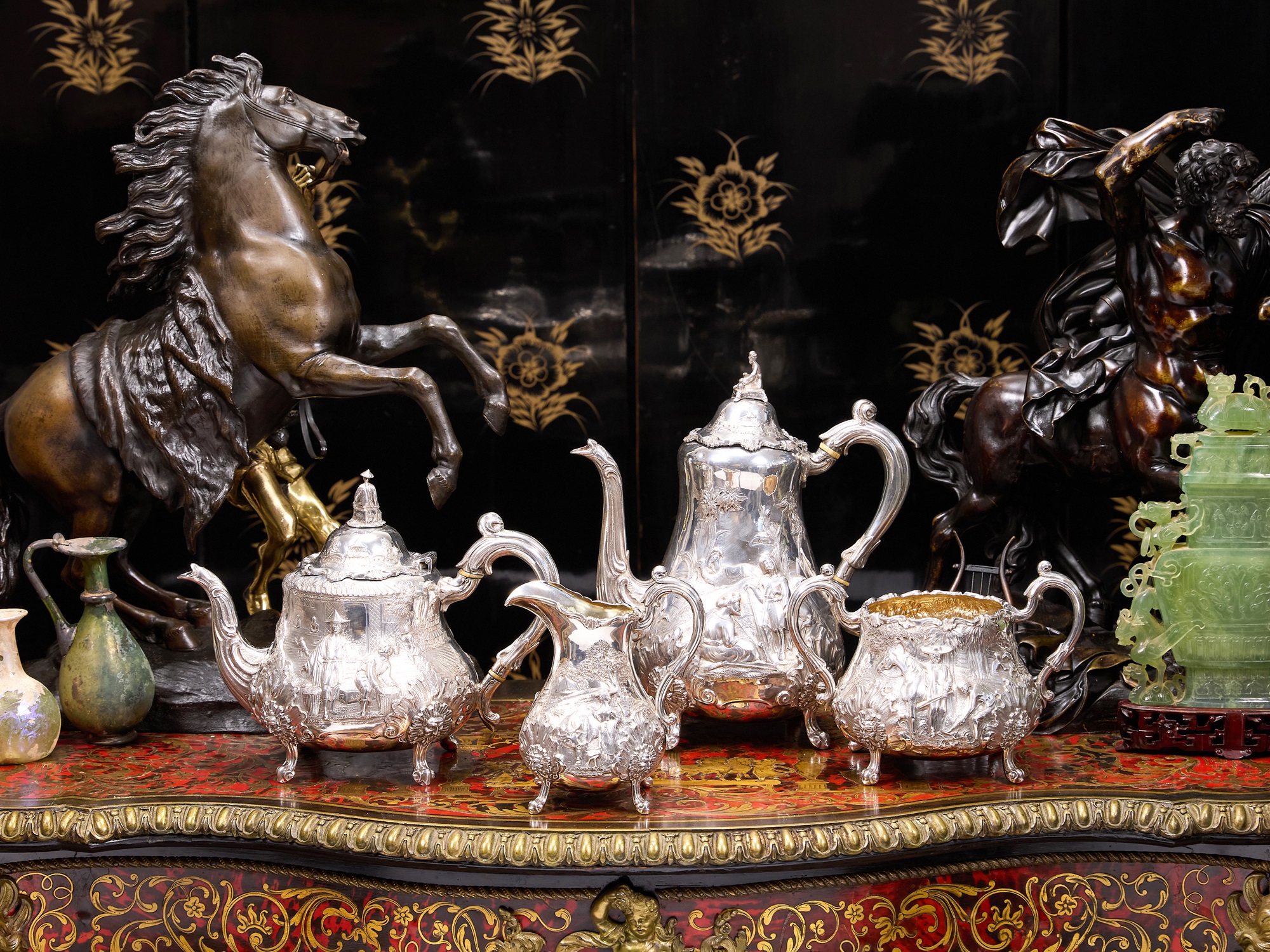 A RARE 19TH CENTURY SILVER TEA AND COFFEE SET WITH SCENES OF TEA AND COFFEE PRODUCTION