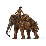 FRANZ BERGMAN (AUSTRIAN 1861 -1936): A LARGE COLD PAINTED BRONZE MODEL OF HUNTERS WITH AN ELEPHANT