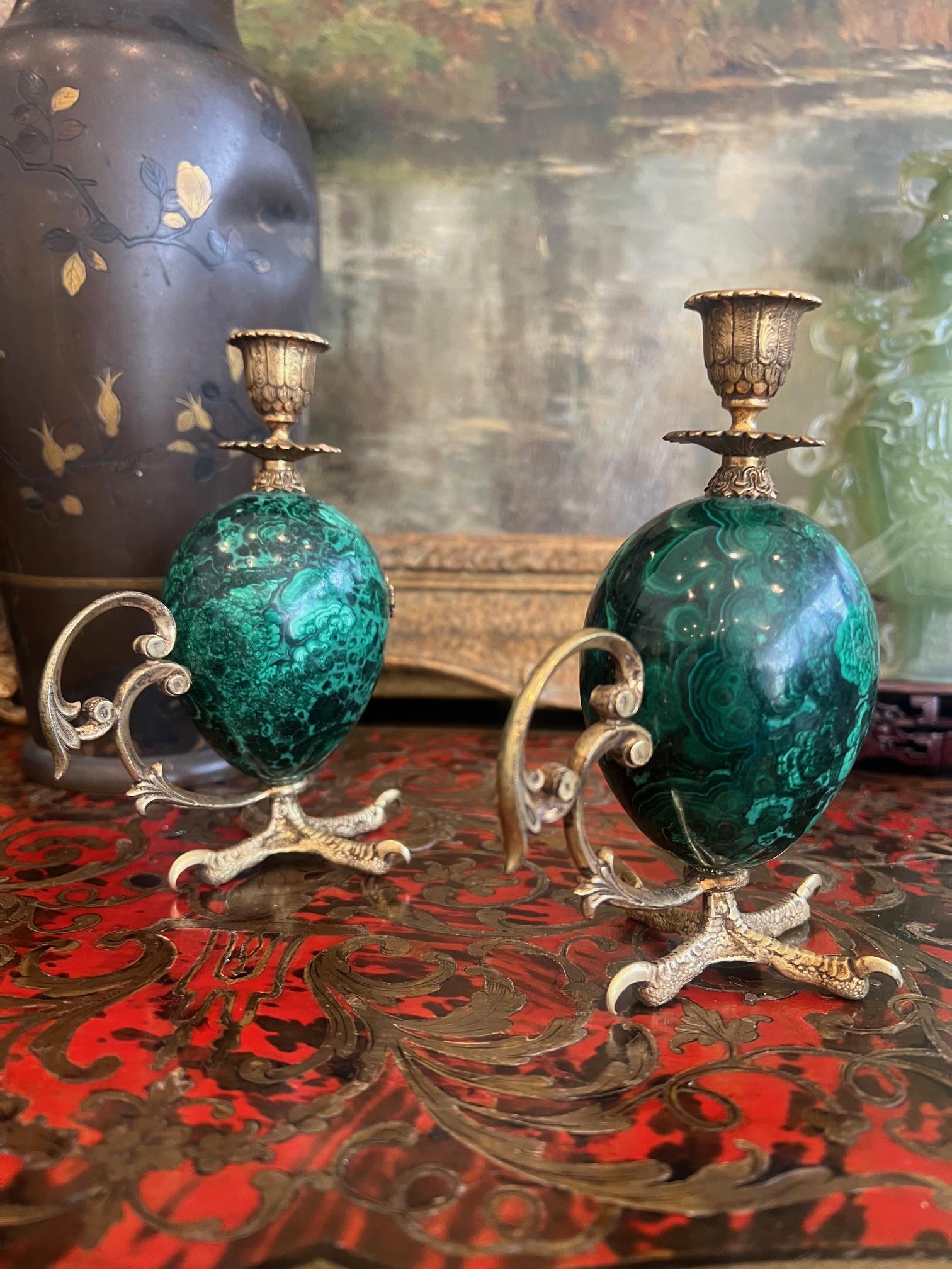A PAIR OF SILVER GILT AND MALACHITE EGG SHAPED CANDLESTICKS - Image 2 of 8