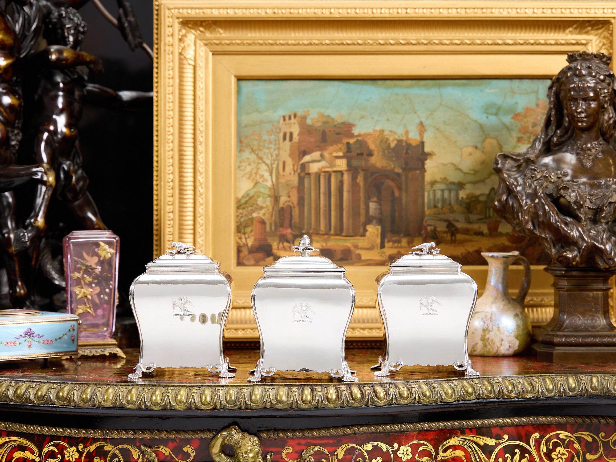 A FINE AND RARE CASED SET OF GEORGE II SILVER TEA CADDIES AND SUGAR BOX, LONDON, 1755, PIERRE GILLOI