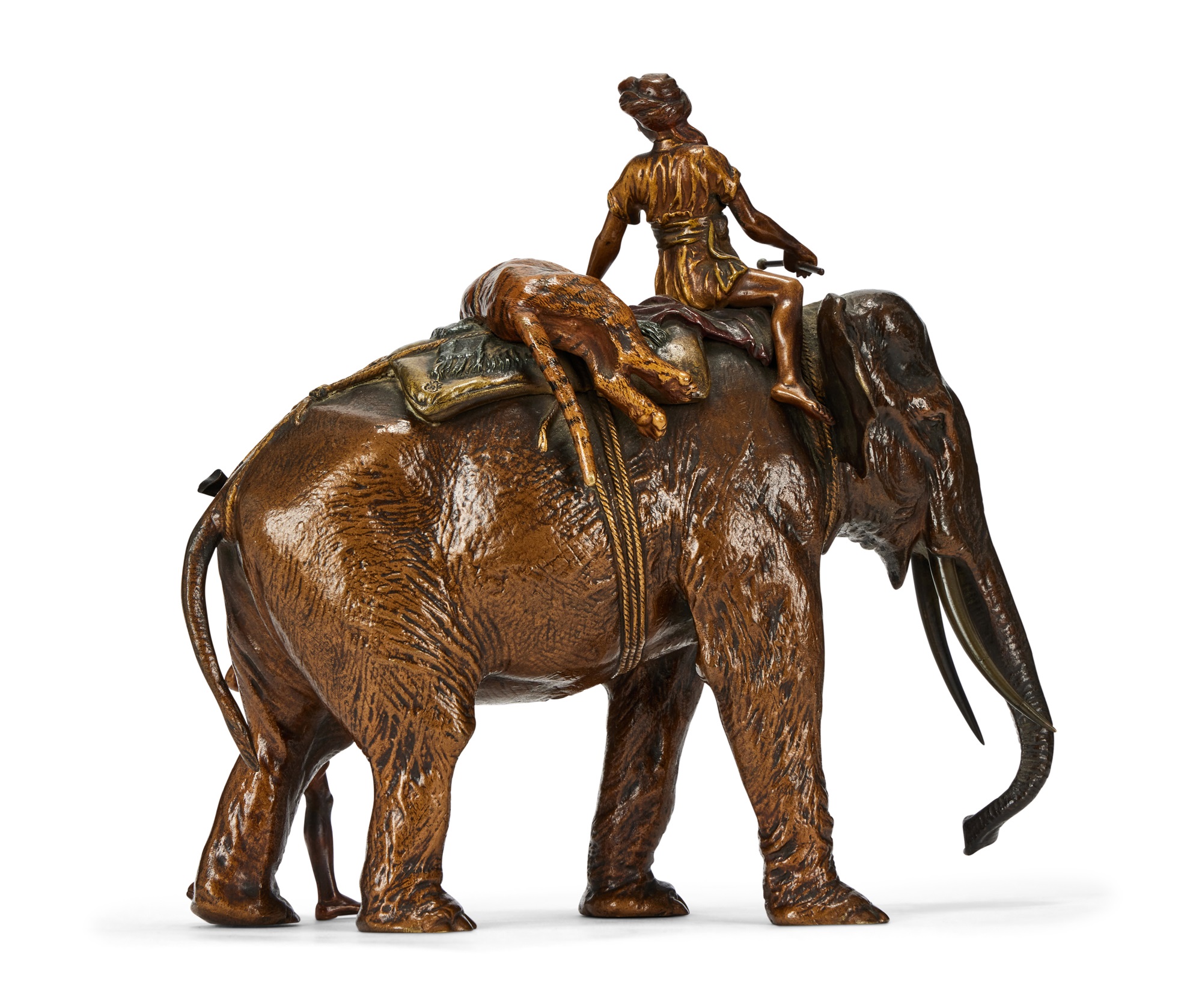 FRANZ BERGMAN (AUSTRIAN 1861 -1936): A LARGE COLD PAINTED BRONZE MODEL OF HUNTERS WITH AN ELEPHANT - Image 2 of 3