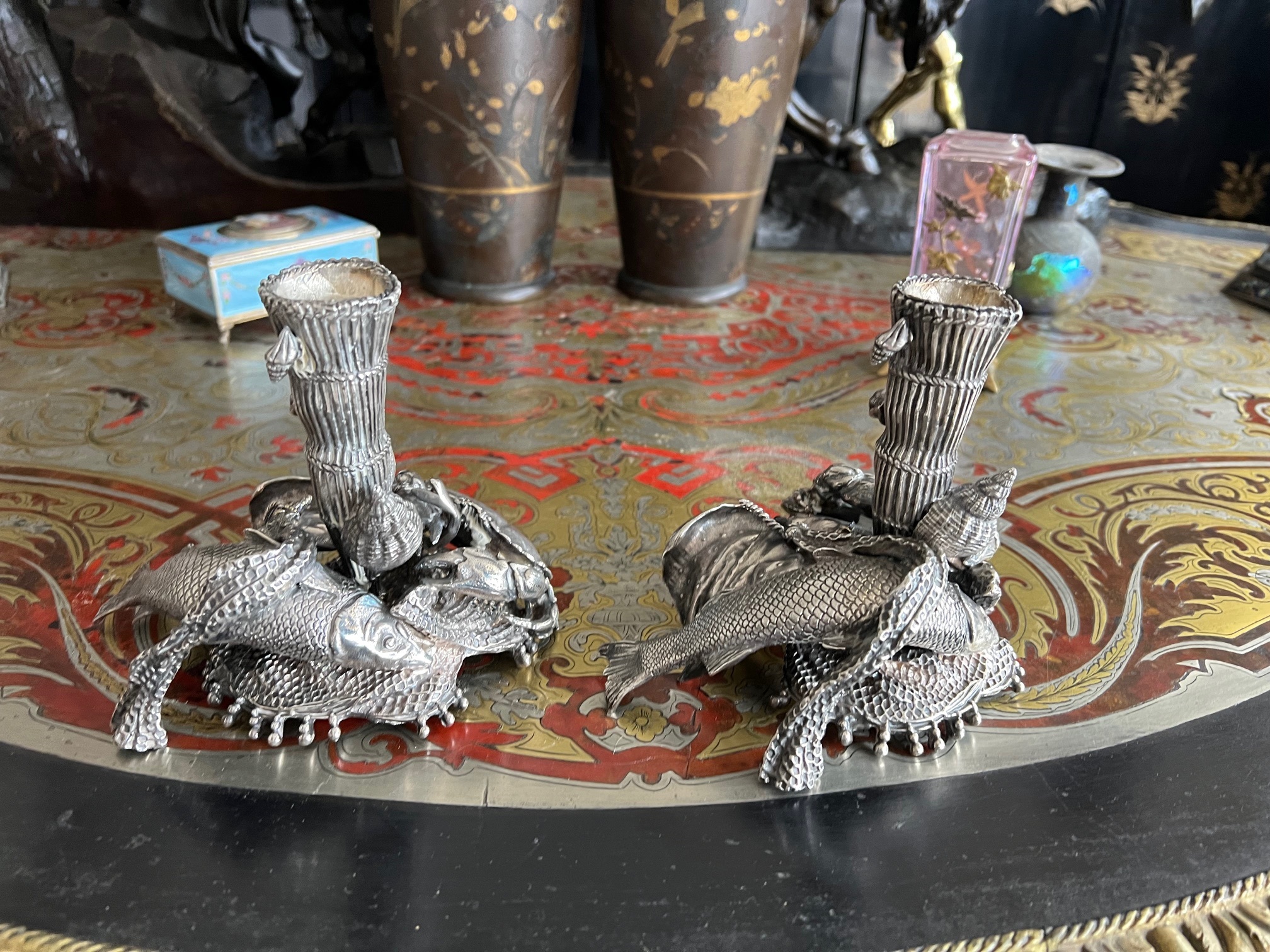 A PAIR OF ODIOT SILVER 'FISHERMAN'S CATCH' CANDLESTICKS - Image 3 of 7