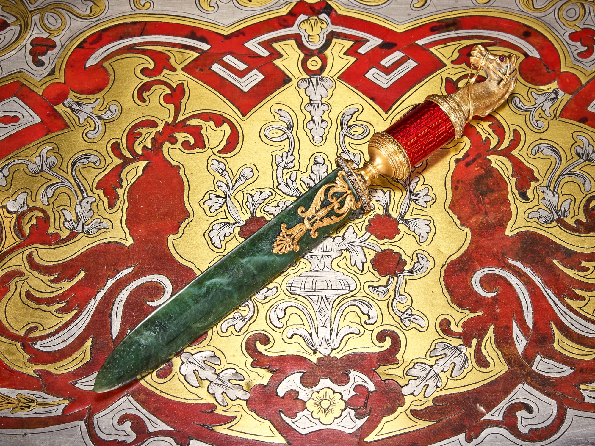 A FABERGE STYLE SILVER GILT, DIAMOND SET AND ENAMELLED LETTER KNIFE
