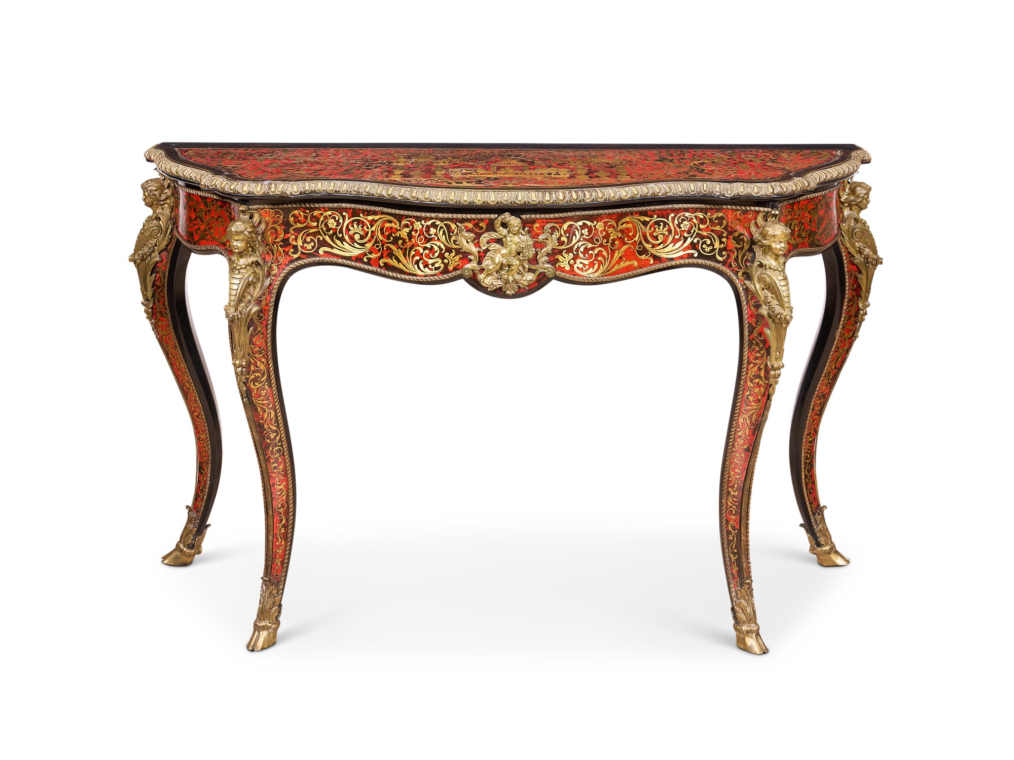 A FINE LATE 19TH CENTURY BOULLE STYLE TORTOISESHELL AND CUT BRASS CONSOLE TABLE
