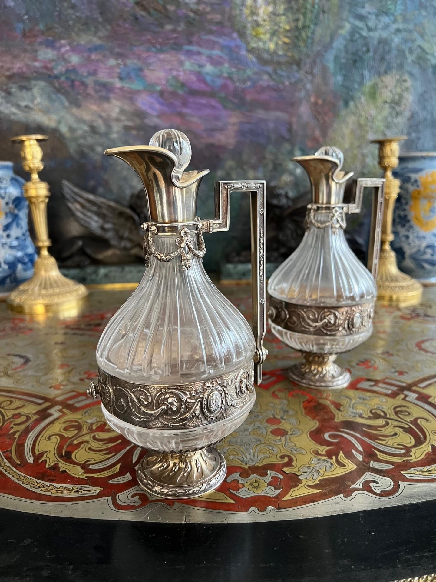 A PAIR OF 19TH CENTURY FRENCH SILVER AND GLASS LIQUOR JUGS - Image 5 of 7
