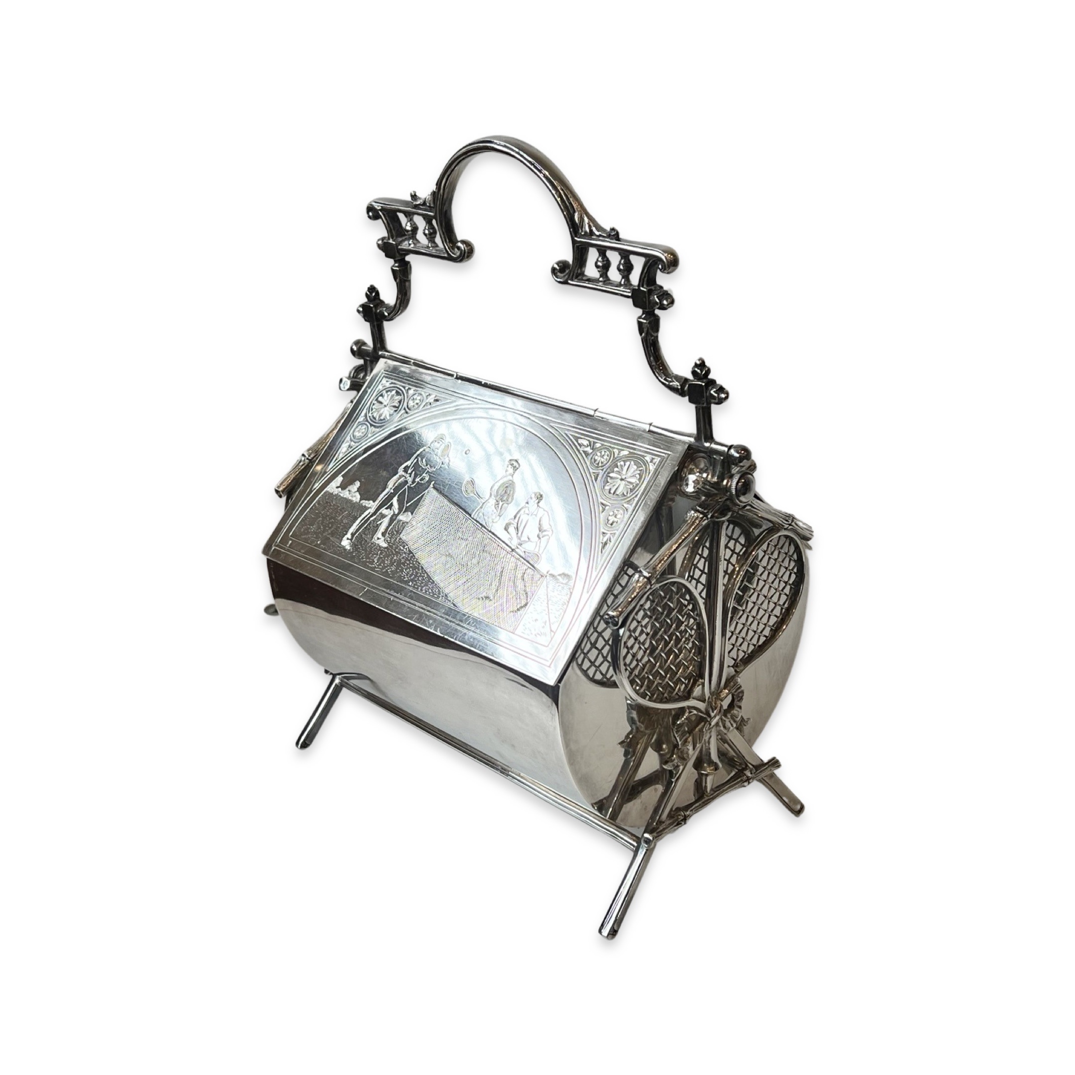 A RARE EARLY 20TH CENTURY NOVELTY SILVER PLATED 'TENNIS' BISCUIT BOX C. 1900 - Image 6 of 7