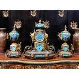 A LATE 19TH CENTURY FRENCH PORCELAIN AND BRONZE MANTEL CLOCK SET