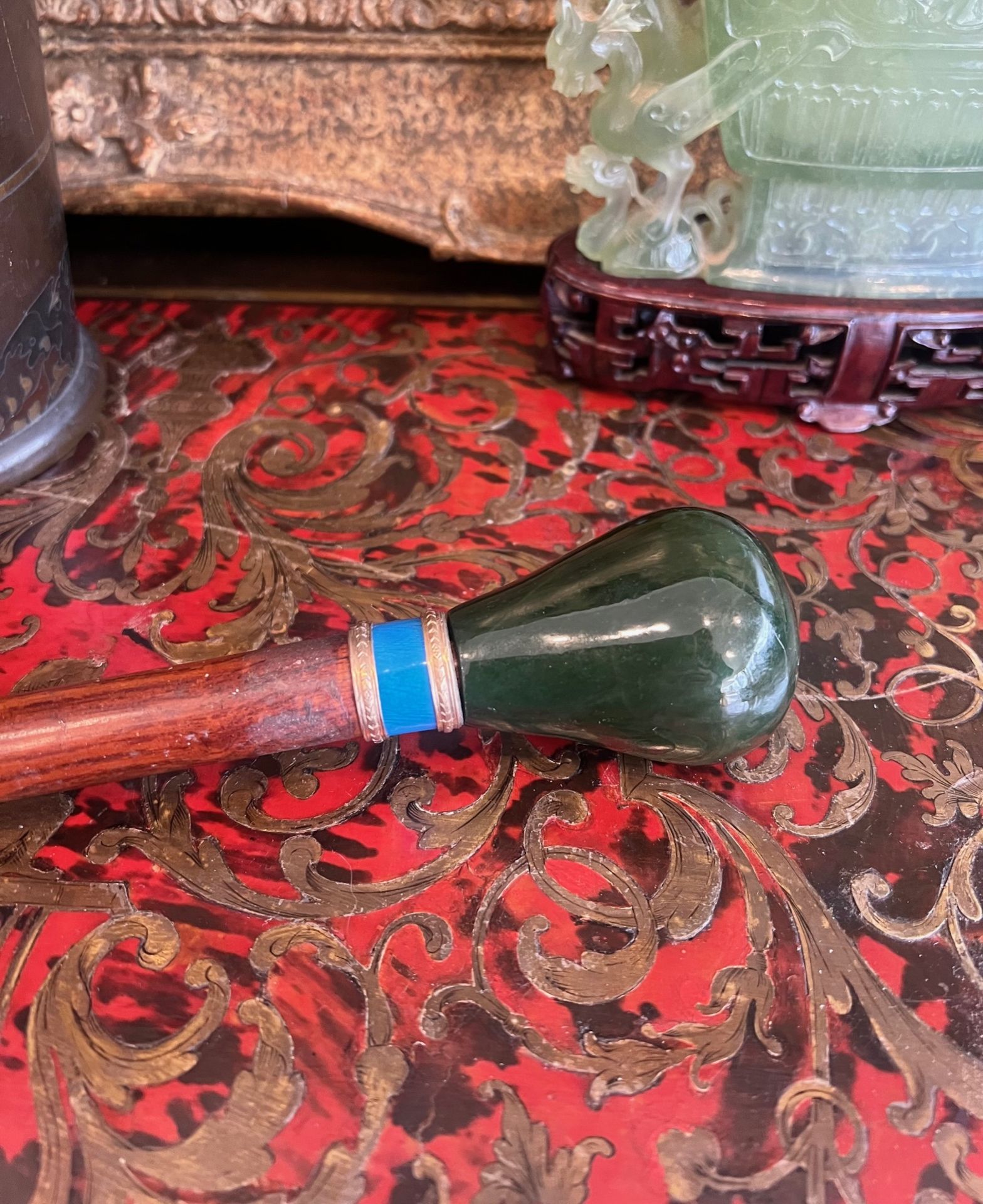 A FABERGE STYLE SILVER GILT, NEPHRITE JADE AND ENAMEL WALKING CANE