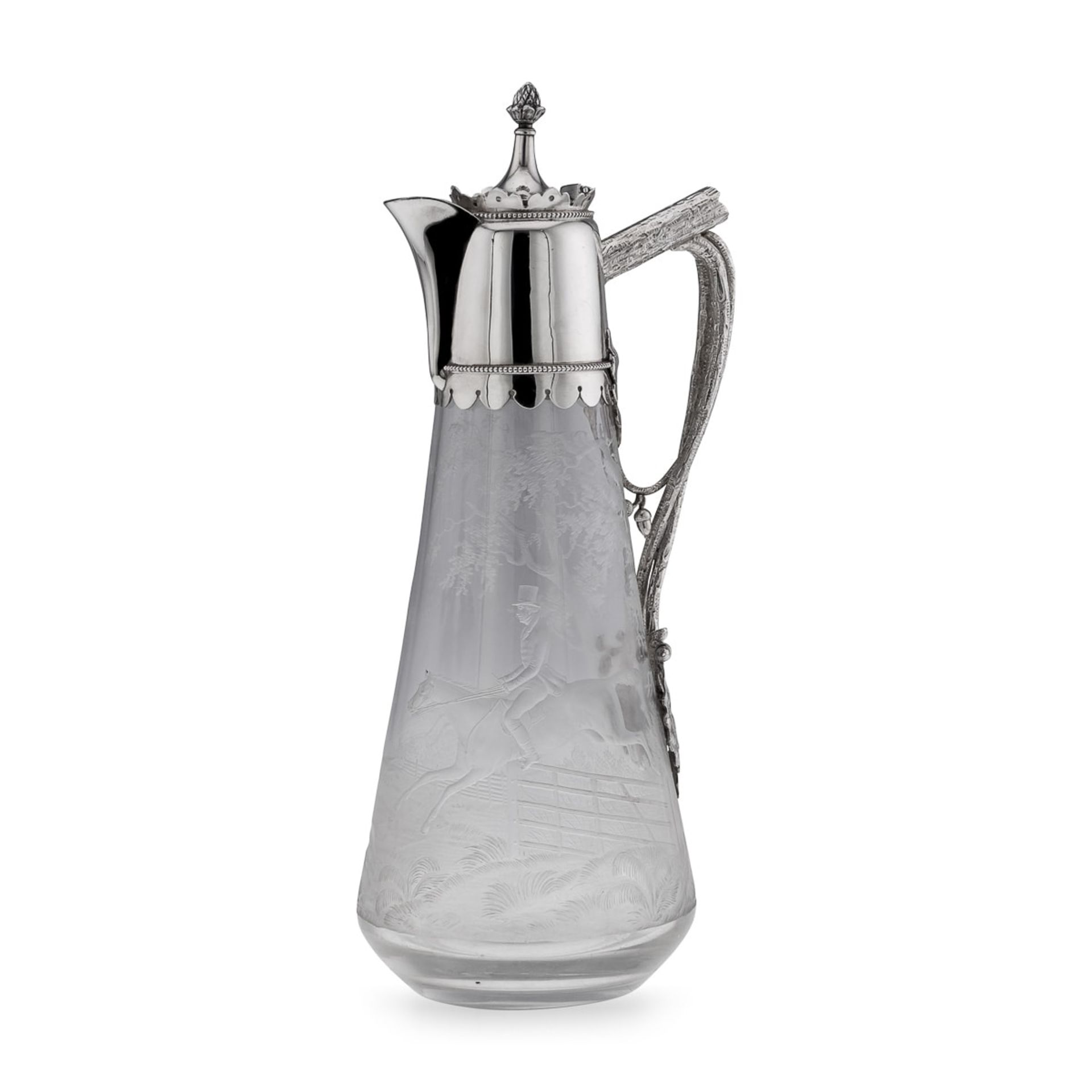 A 19TH CENTURY SILVER AND GLASS HUNTING CLARET JUG C. 1887