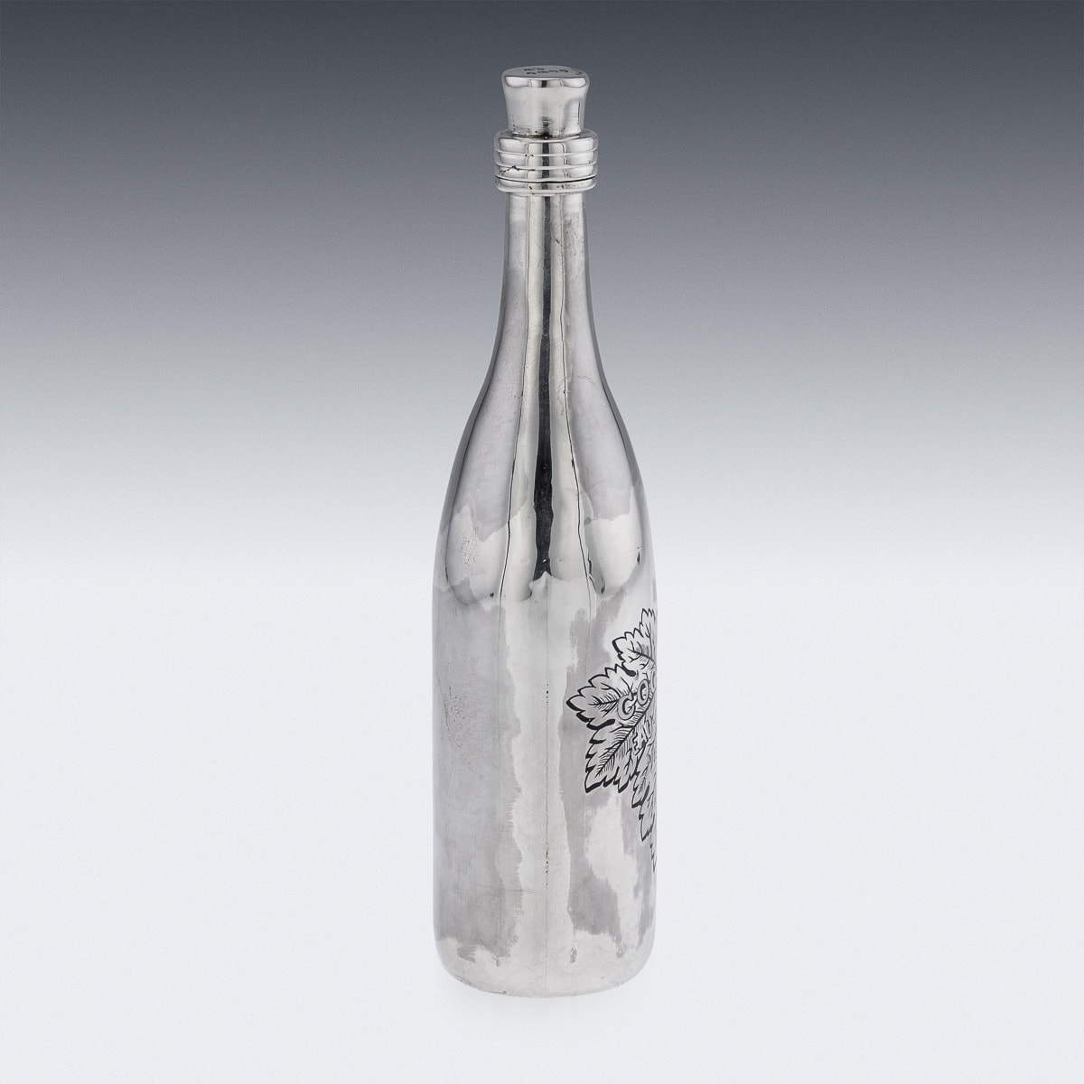 A 19TH CENTURY STERLING SILVER AND ENAMEL COGNAC BOTTLE C. 1887 - Image 9 of 18