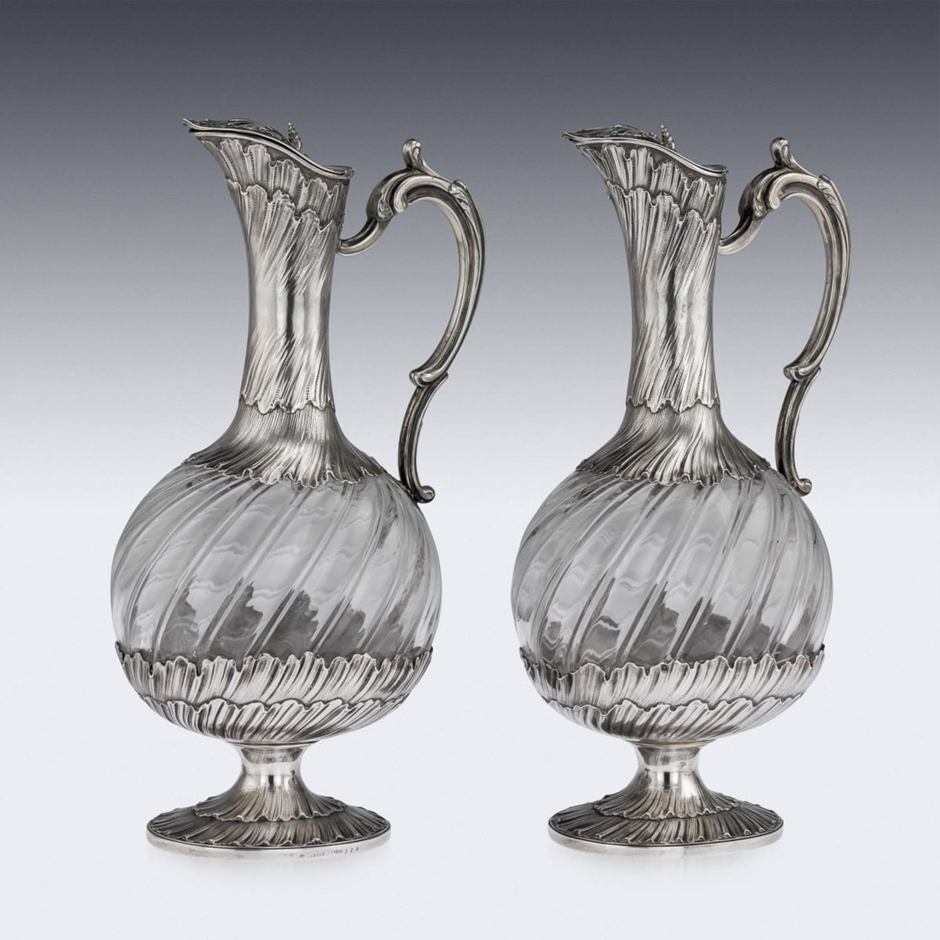 MAISON ODIOT: A PAIR OF 19TH CENTURY SILVER AND GLASS CLARET JUGS CIRCA 1890 - Image 6 of 16