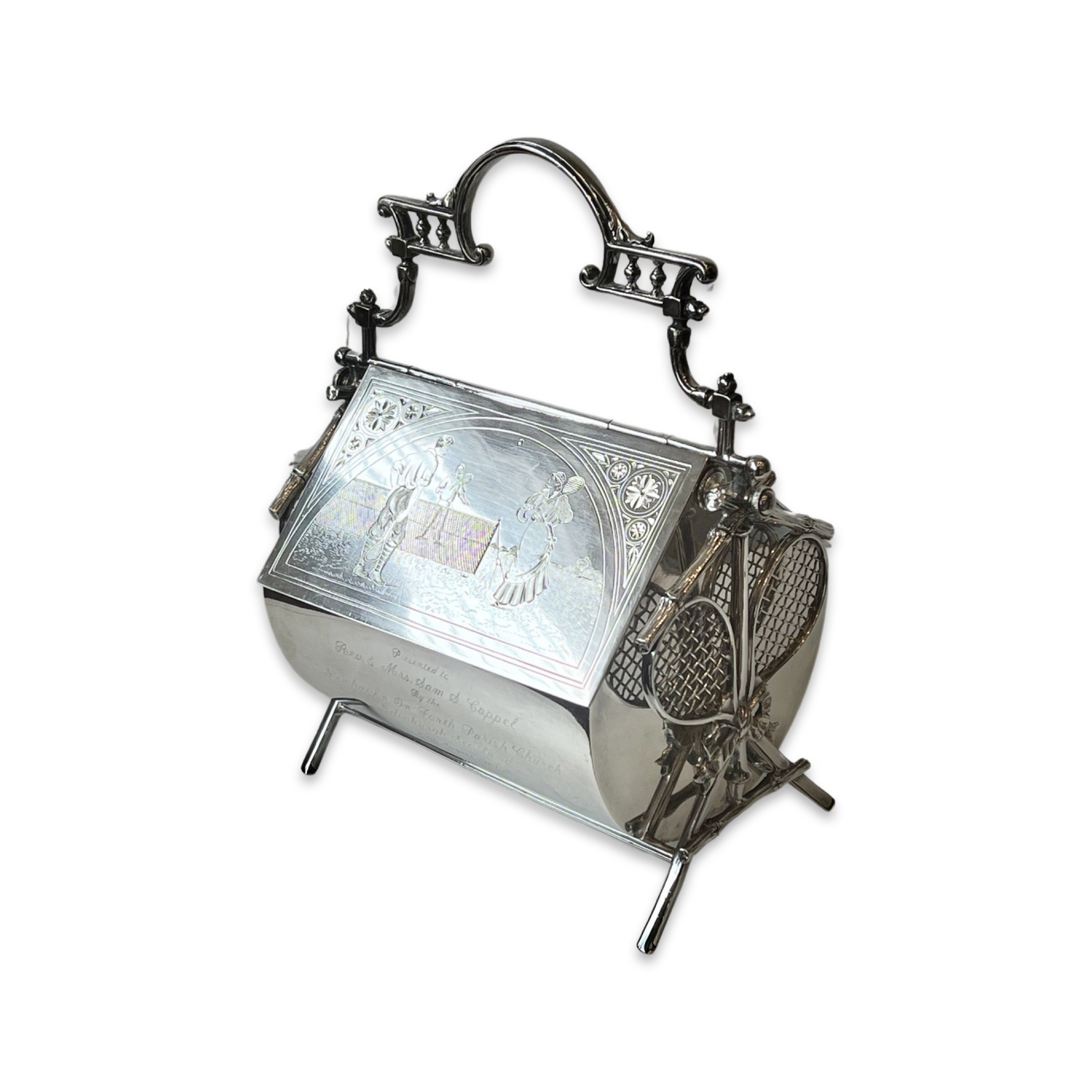 A RARE EARLY 20TH CENTURY NOVELTY SILVER PLATED 'TENNIS' BISCUIT BOX C. 1900 - Image 5 of 7