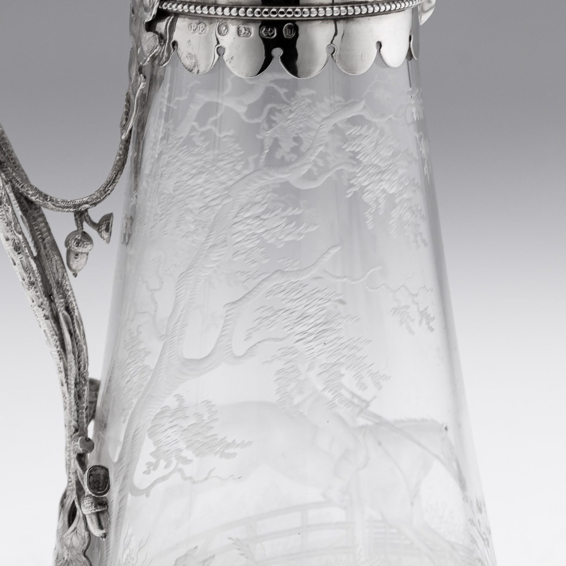 A 19TH CENTURY SILVER AND GLASS HUNTING CLARET JUG C. 1887 - Image 5 of 30