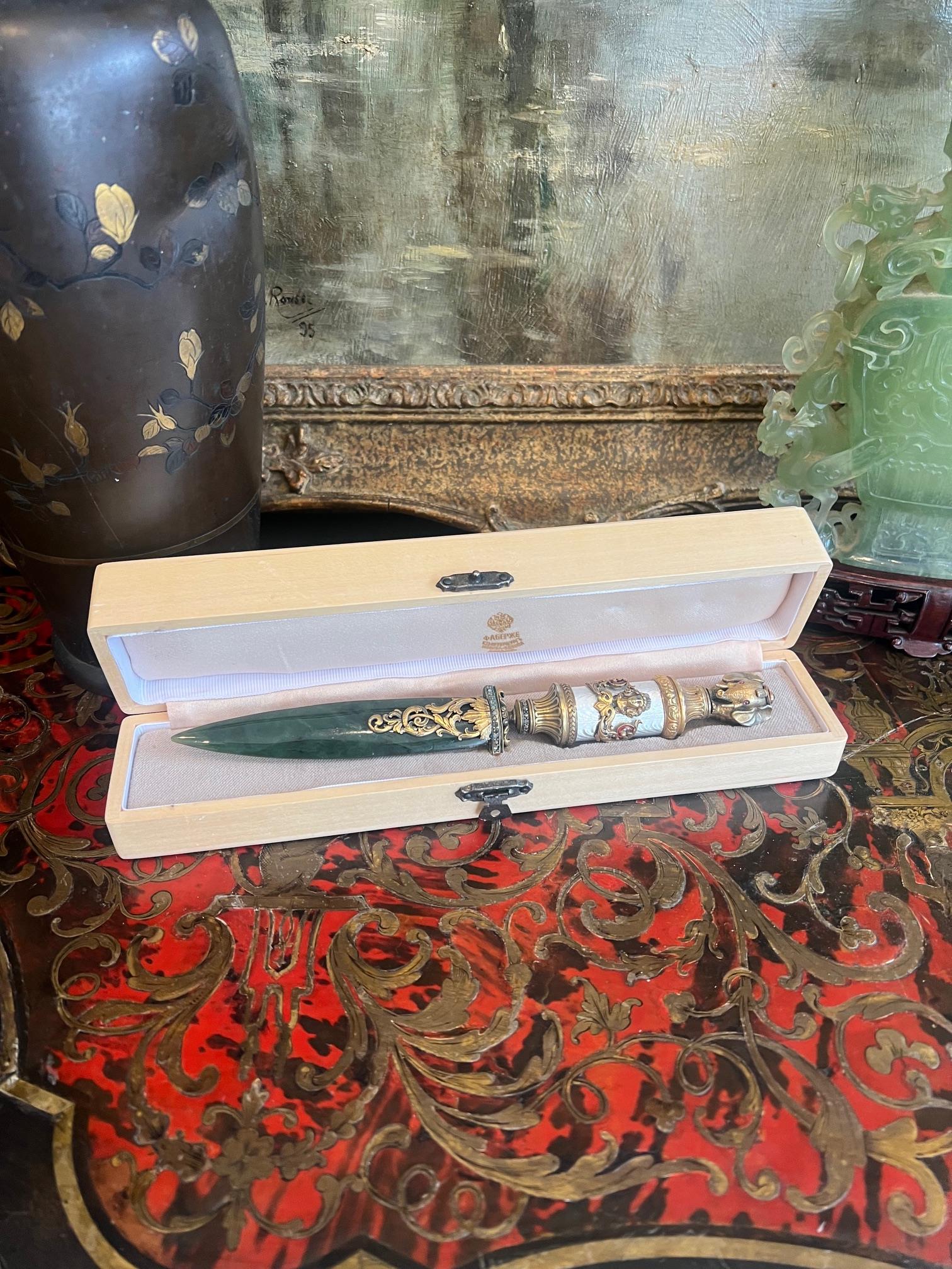 A FABERGE STYLE SILVER GILT, DIAMOND SET, NEPHRITE AND ENAMELLED LETTER KNIFE - Image 6 of 7