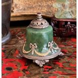 A FABERGE STYLE NEPHRITE JADE AND SILVER GILT TABLE BELL