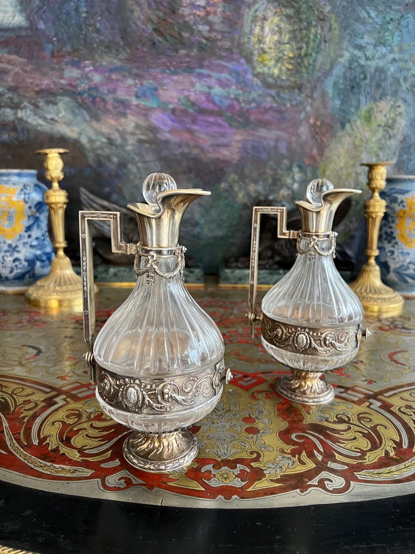 A PAIR OF 19TH CENTURY FRENCH SILVER AND GLASS LIQUOR JUGS - Image 3 of 7